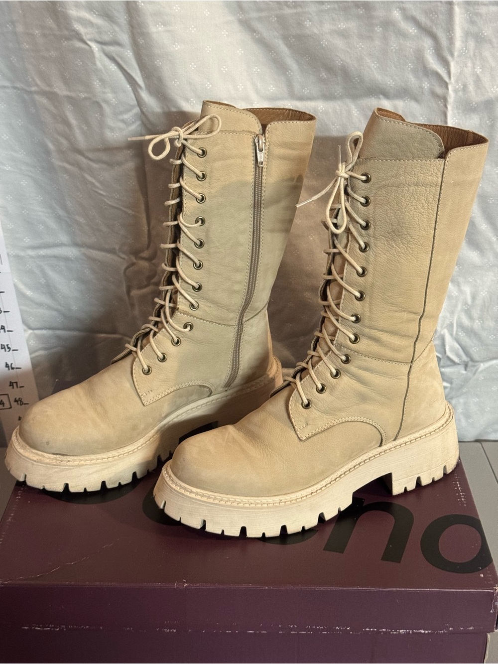 Bueno Beige Lace-Up Knee-High Lug Boots